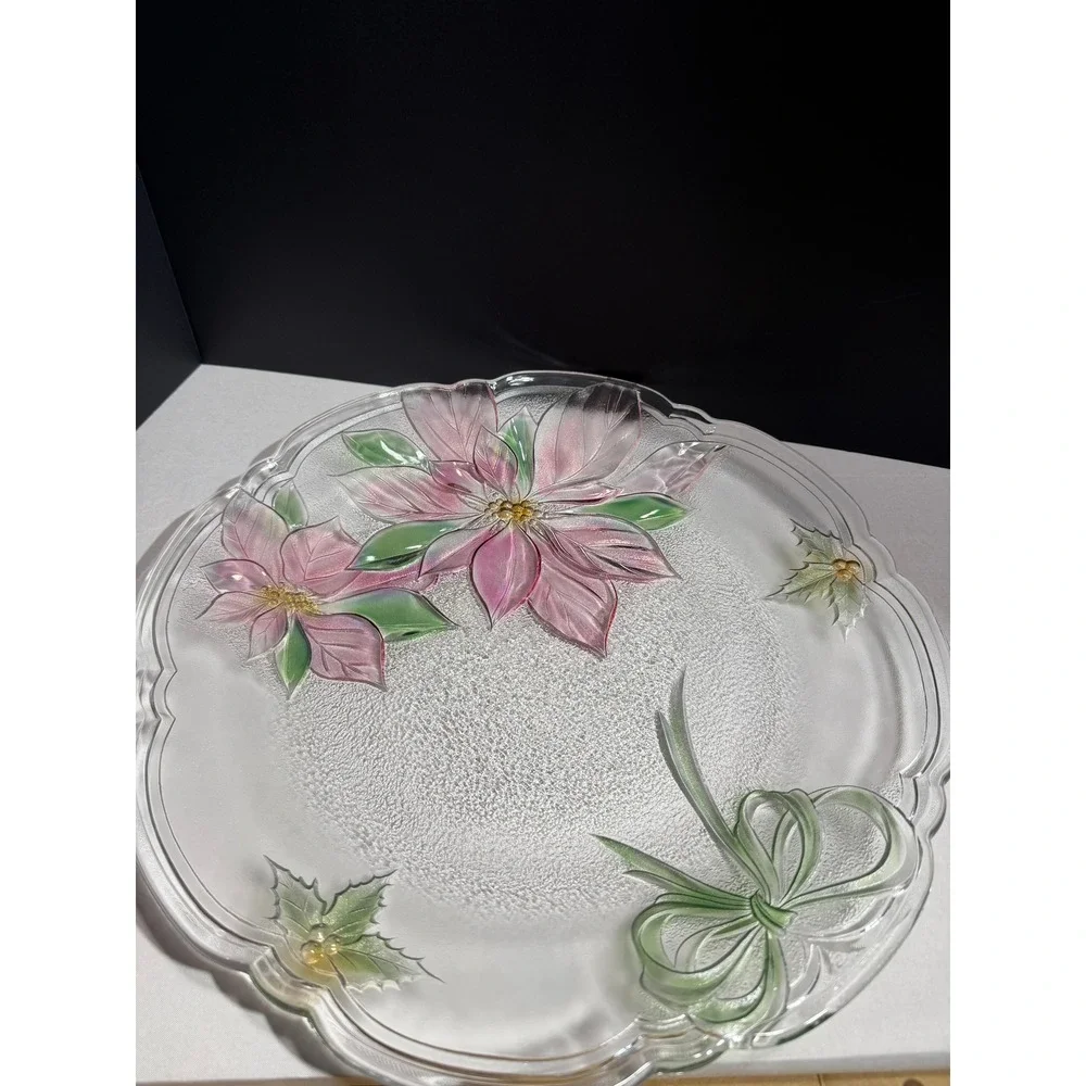 Mikasa Holiday Poinsettia Glass Platter Christmas Serving Plate Textured Floral